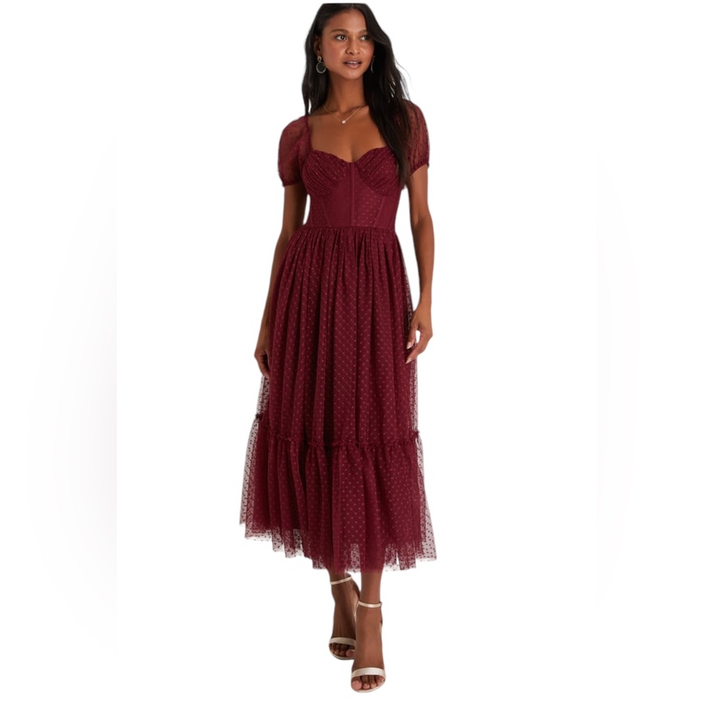 Lulus Sweet Amour Burgundy Tulle Swiss Dot Tiered Bustier  Midi Dress Size Large